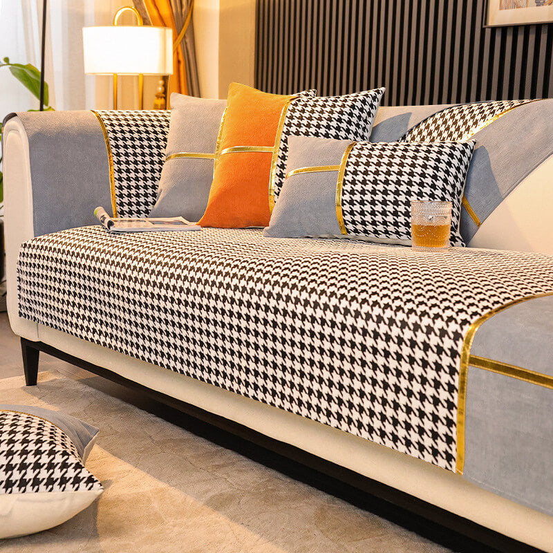 Classic houndstooth chenille sofa cover, non-slip, durable, and a fashionable living room furniture decor.