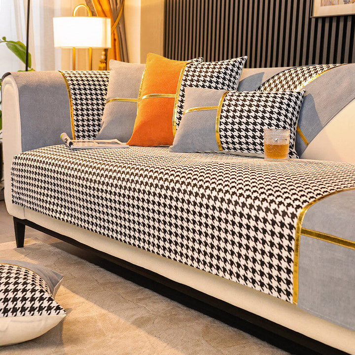 Classic houndstooth chenille sofa cover, non-slip, durable, and a fashionable living room furniture decor.