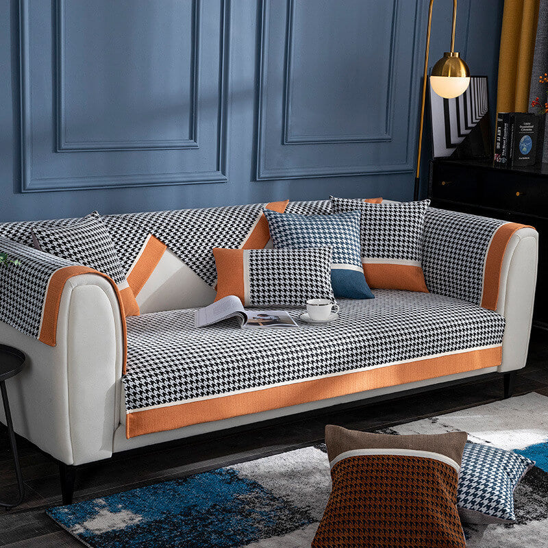Elegant houndstooth chenille couch cover, non-slip design, perfect sofa protector for sectional furniture.