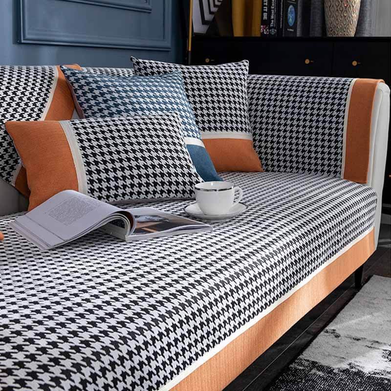 Premium non-slip chenille couch cover in classic houndstooth pattern, excellent sofa protector.