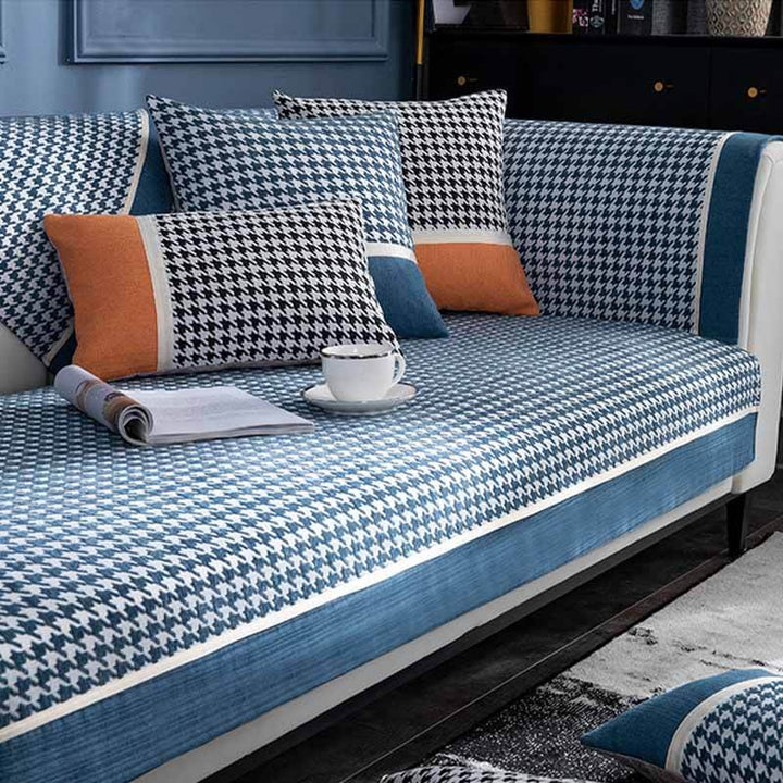 Sophisticated non-slip chenille sofa cover, houndstooth design, perfect for sectional couch protection.