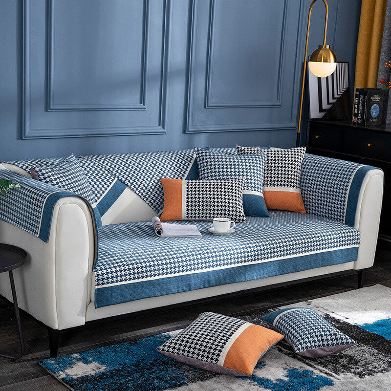 Classic houndstooth chenille sofa protector, non-slip, pet friendly, modern home living room essential.