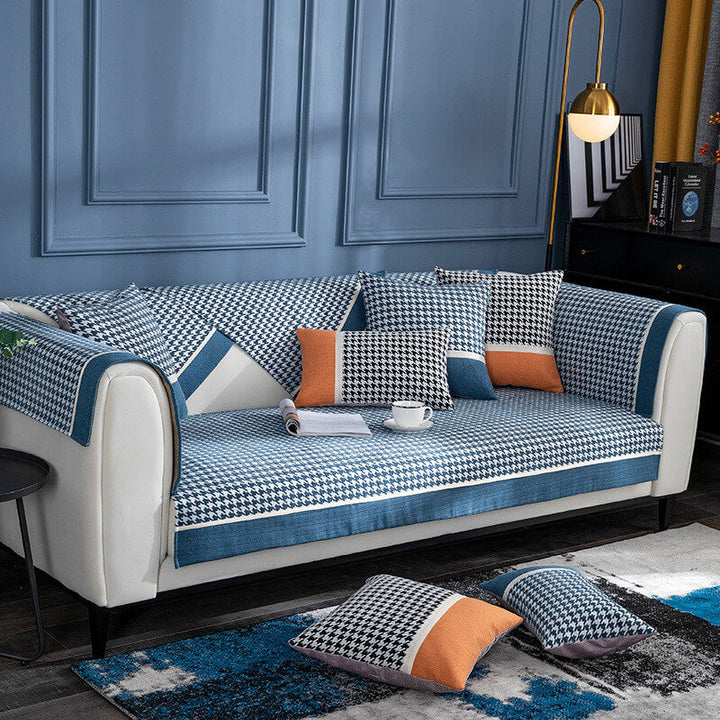 Classic houndstooth chenille sofa protector, non-slip, pet friendly, modern home living room essential.