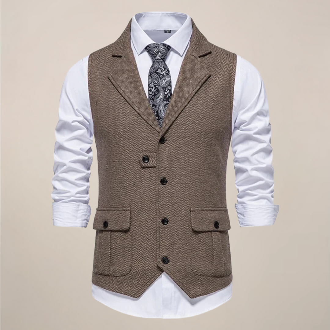 Classic men's black notch lapel waistcoat vest for formal events & smart casual outfits.