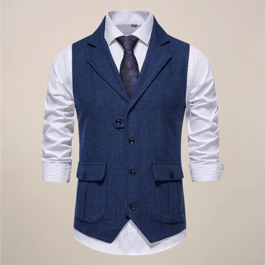 Elegant men's grey vest with a notch lapel, ideal for formal wear and smart casual fashion.