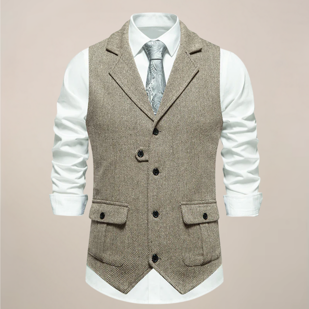 Modern men's notch lapel vest, a key piece for elegant formal and smart casual fashion.