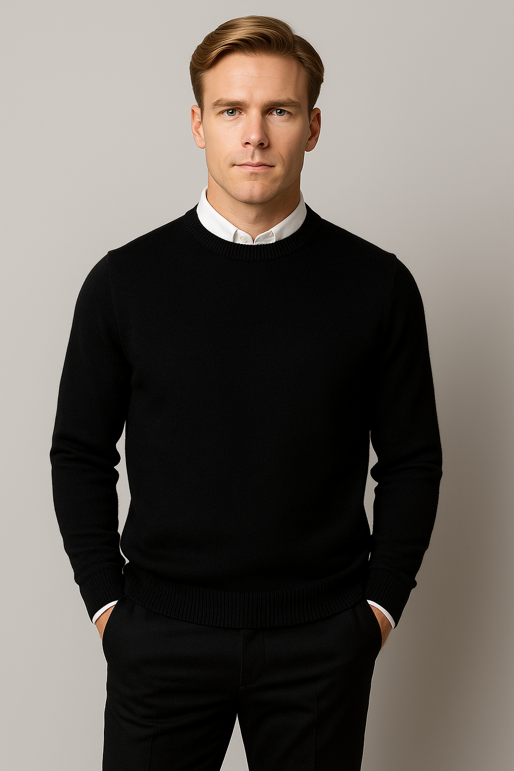 Classic men's crew neck knit sweater in a versatile style, perfect for smart casual winter fashion.
