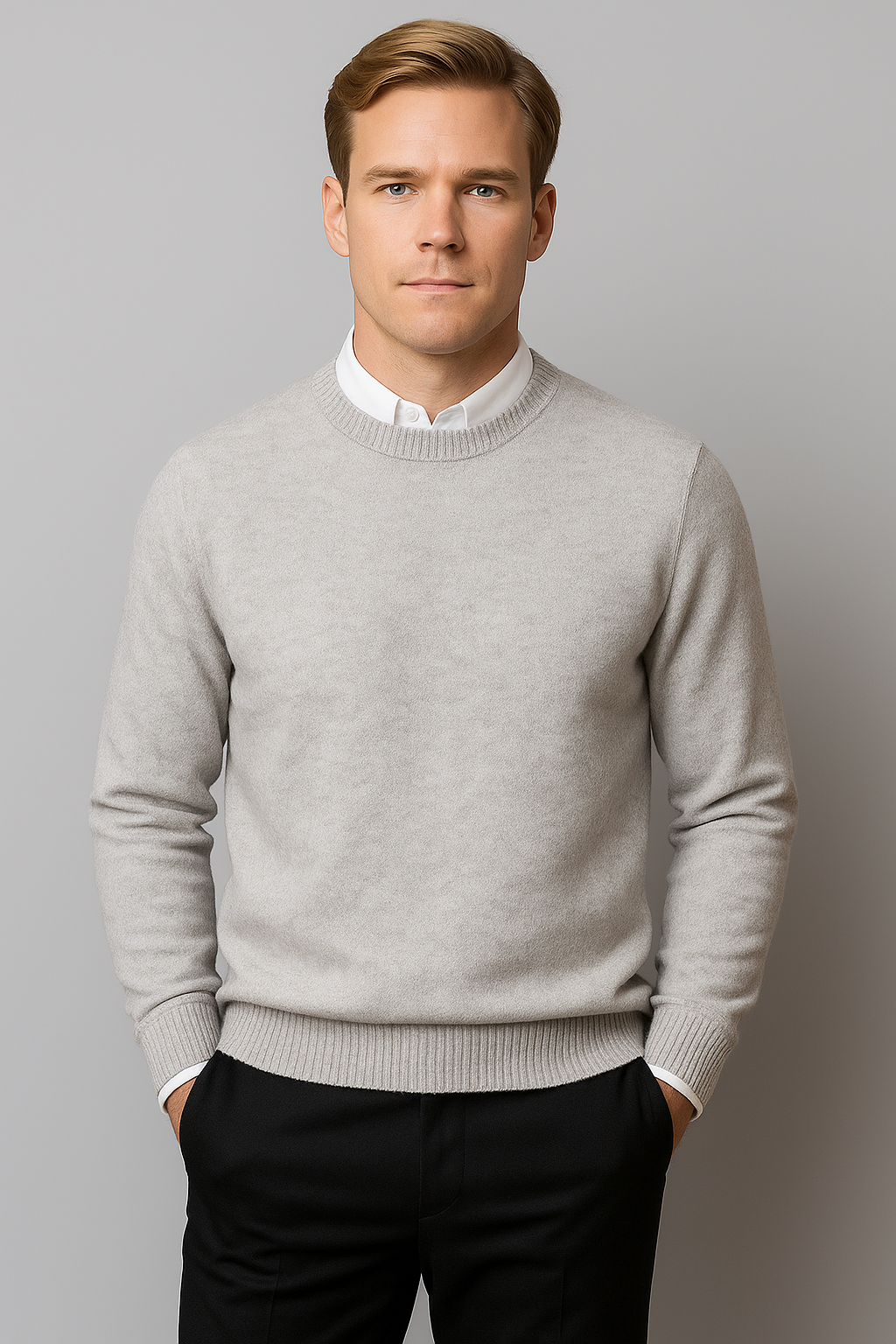 Men's soft knit crew neck sweater, ideal for versatile layering and classic smart casual fashion.