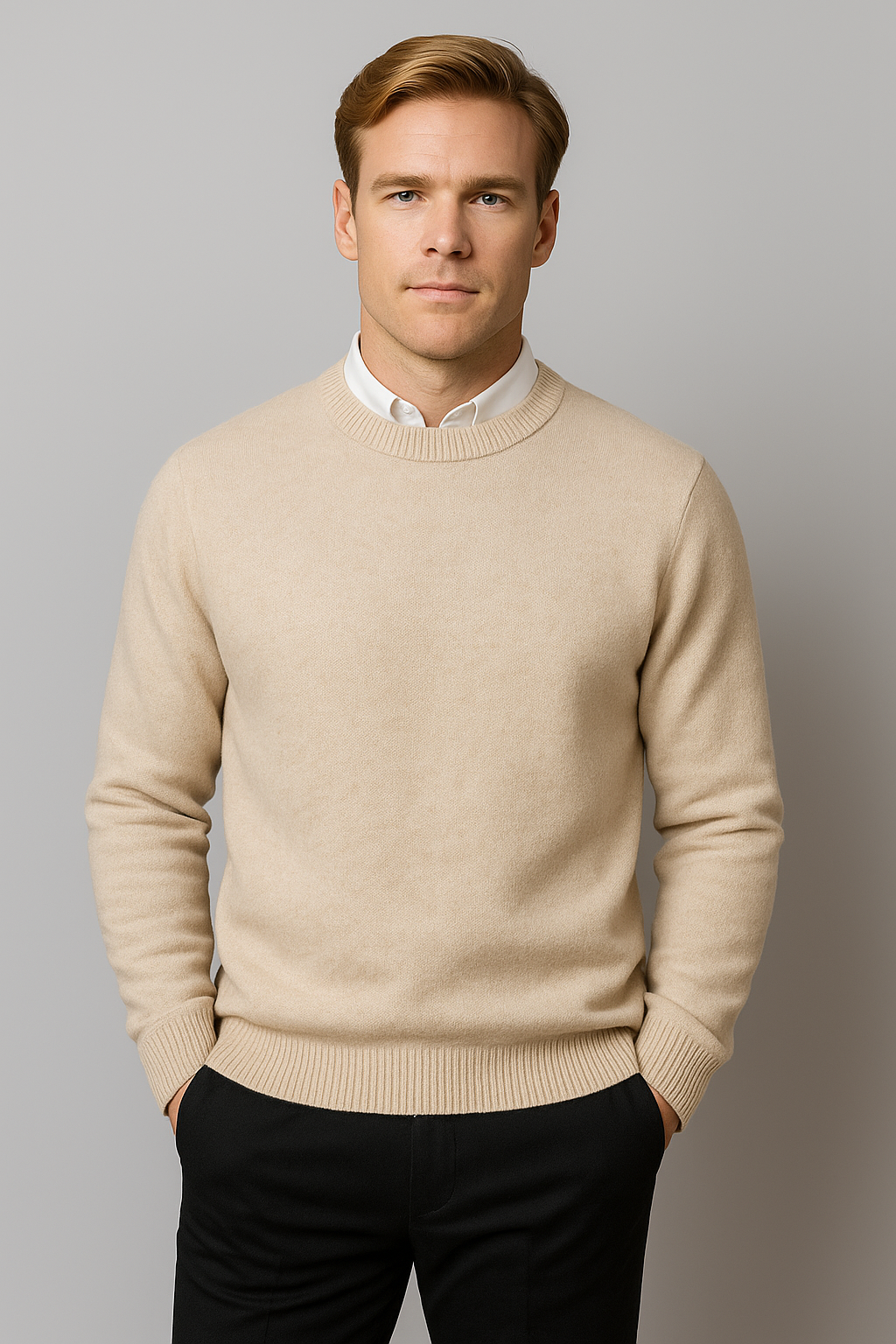 Essential men's long sleeve crew neck knitwear, a classic style staple for any wardrobe.