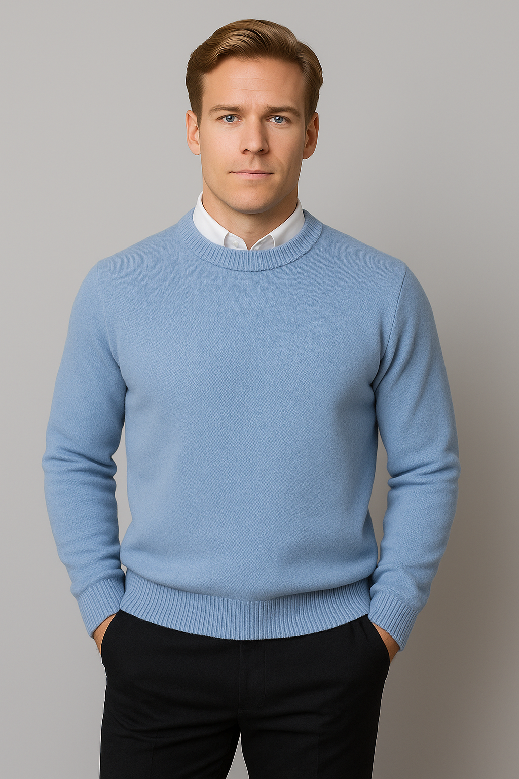 Stylish men's classic crew neck sweater, made from soft knit for comfortable winter fashion.