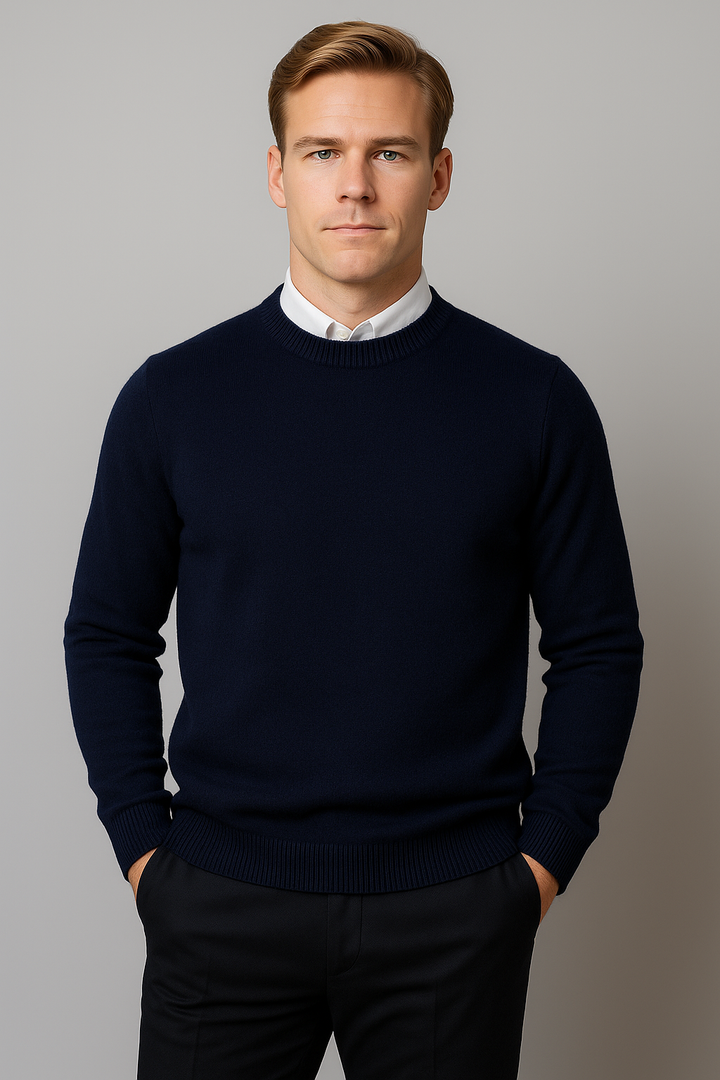 Cozy men's knit crew neck sweater in a classic style, perfect for layering in colder weather.