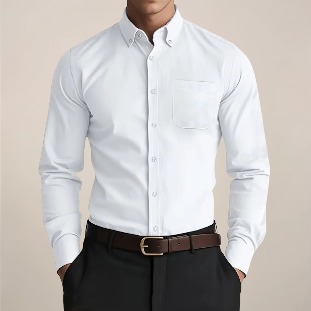 Classic men's long sleeve button-up shirt. Versatile for smart casual, everyday, casual, or workwear occasions.
