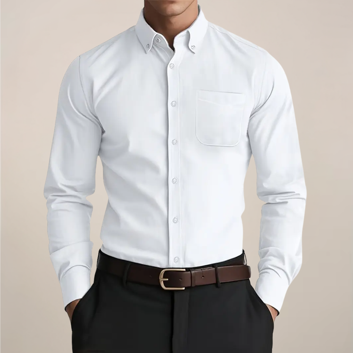 Classic men's long sleeve button-up shirt. Versatile for smart casual, everyday, casual, or workwear occasions.