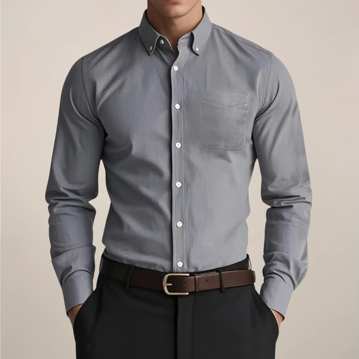 Stylish men's long sleeve button-up shirt. Perfect for a classic, formal, or casual look, great for workwear.