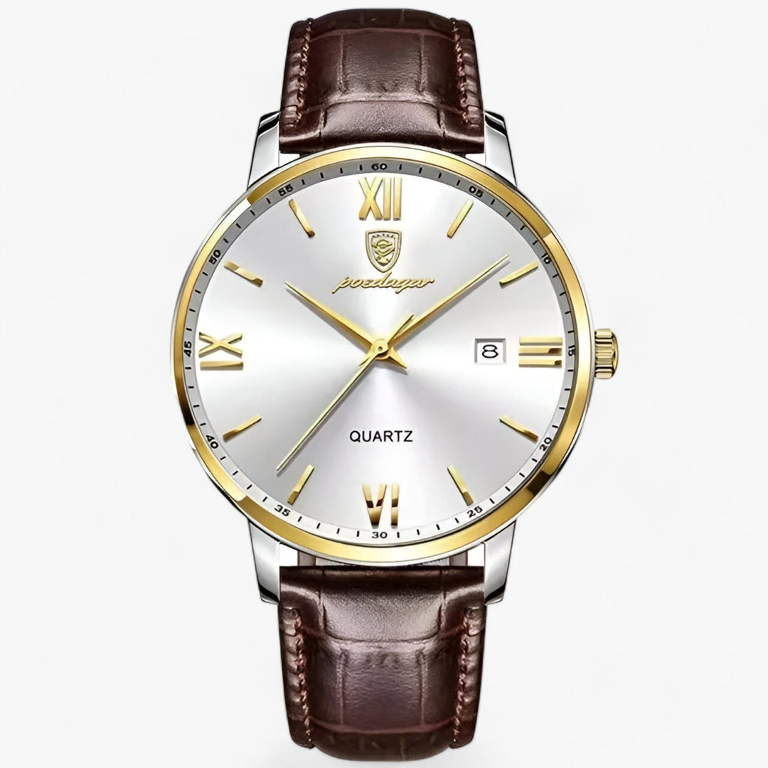 Classic men's quartz watch with a genuine brown leather band, perfect for elegant men's fashion.