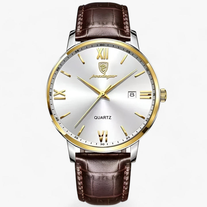 Classic men's quartz watch with a genuine brown leather band, perfect for elegant men's fashion.