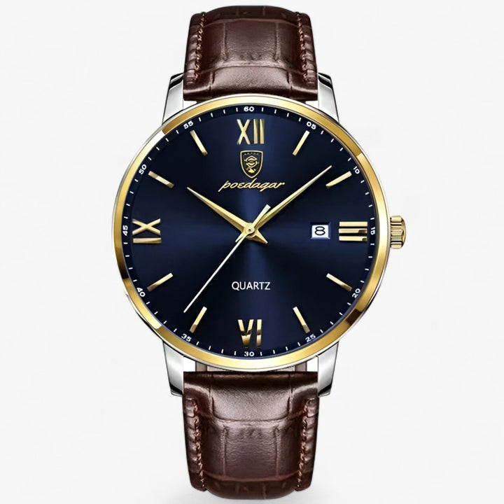 Elegant men's quartz timepiece with a genuine leather strap, ideal for sophisticated daily wear.