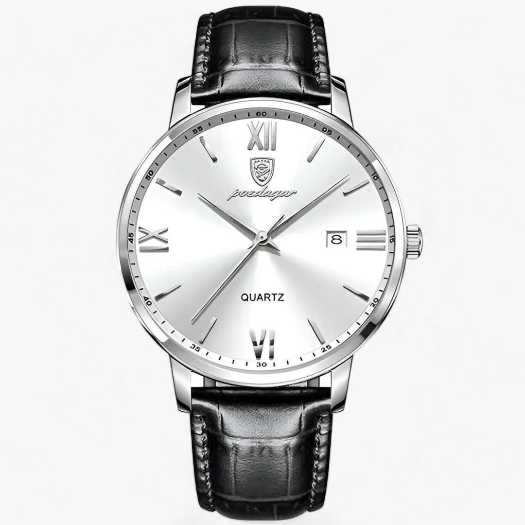 Detailed view of a men's classic quartz watch, highlighting its durable genuine leather band & refined dial.