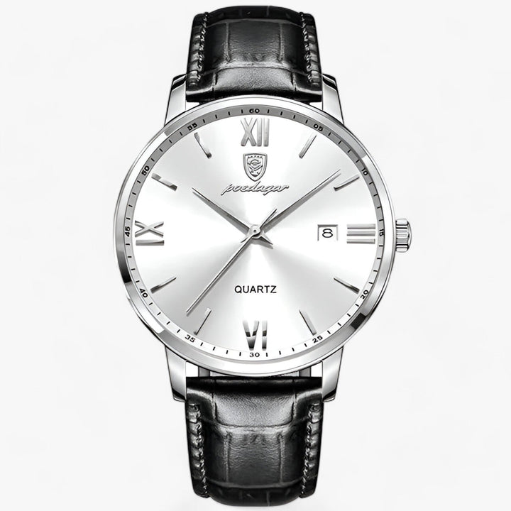 Detailed view of a men's classic quartz watch, highlighting its durable genuine leather band & refined dial.