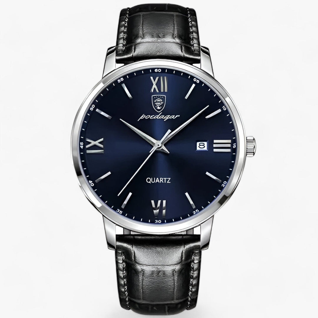Splash-resistant men's quartz watch with a comfortable genuine leather strap, a timeless men's accessory.