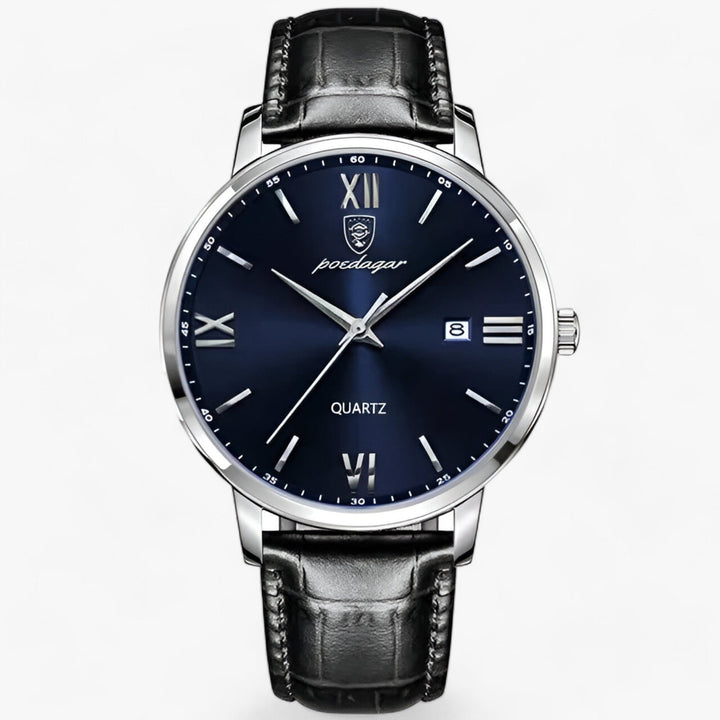 Splash-resistant men's quartz watch with a comfortable genuine leather strap, a timeless men's accessory.