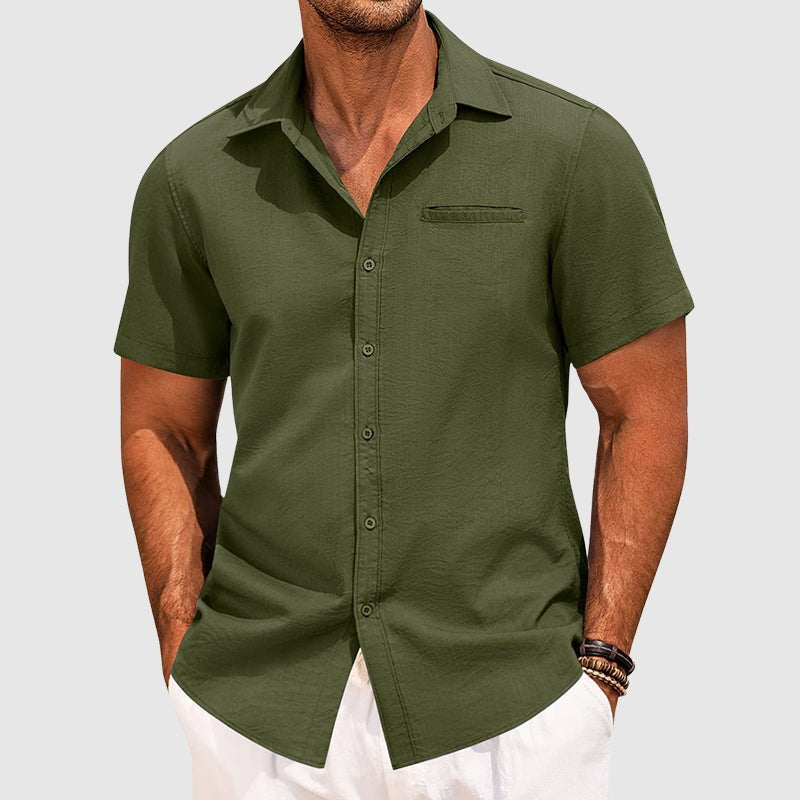 Classic men's short sleeve button-down summer shirt with chest pocket, perfect for casual warm weather style.