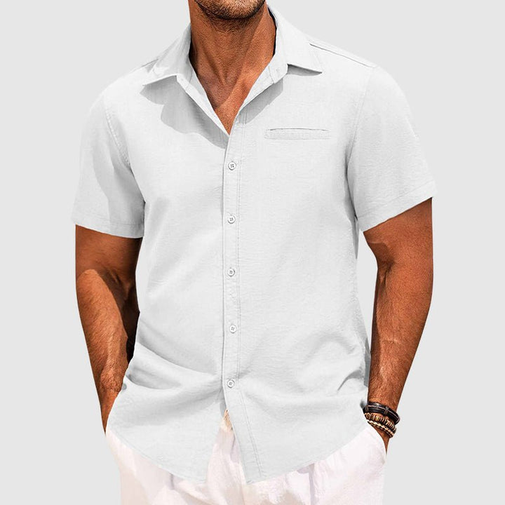 Men's summer fashion: short sleeve collared button-down shirt with a single chest pocket. Casual & comfortable.