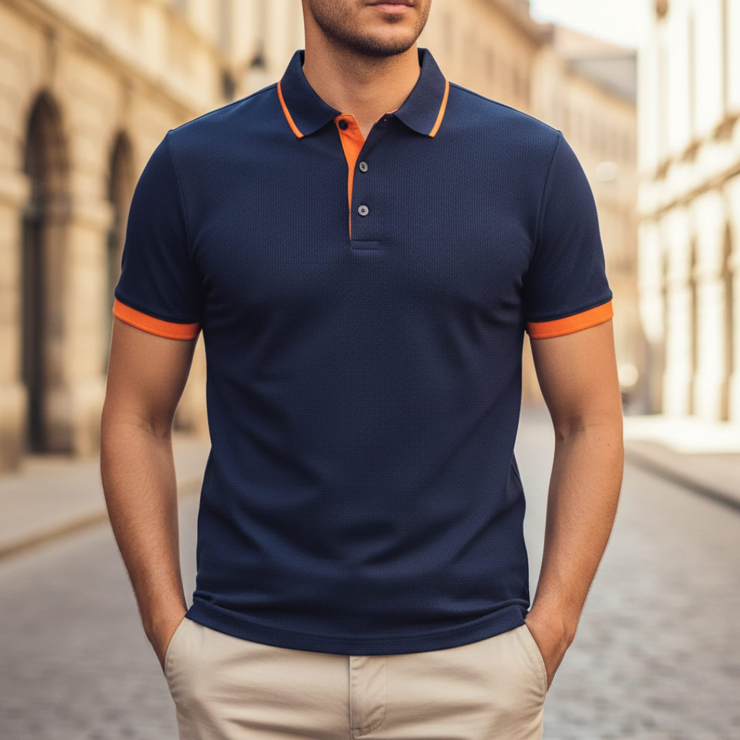 Men's fashion polo, button-down, short sleeve for a relaxed, smart look.