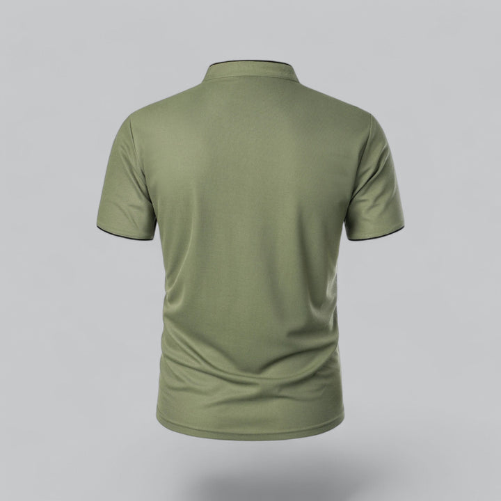 Stylish men's short sleeve polo, classic button collar, perfect for various casual settings.