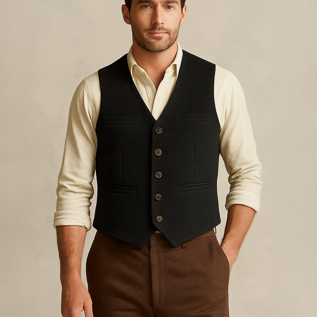 Elegant men's button-up vest, perfect for a layered look or wedding attire.