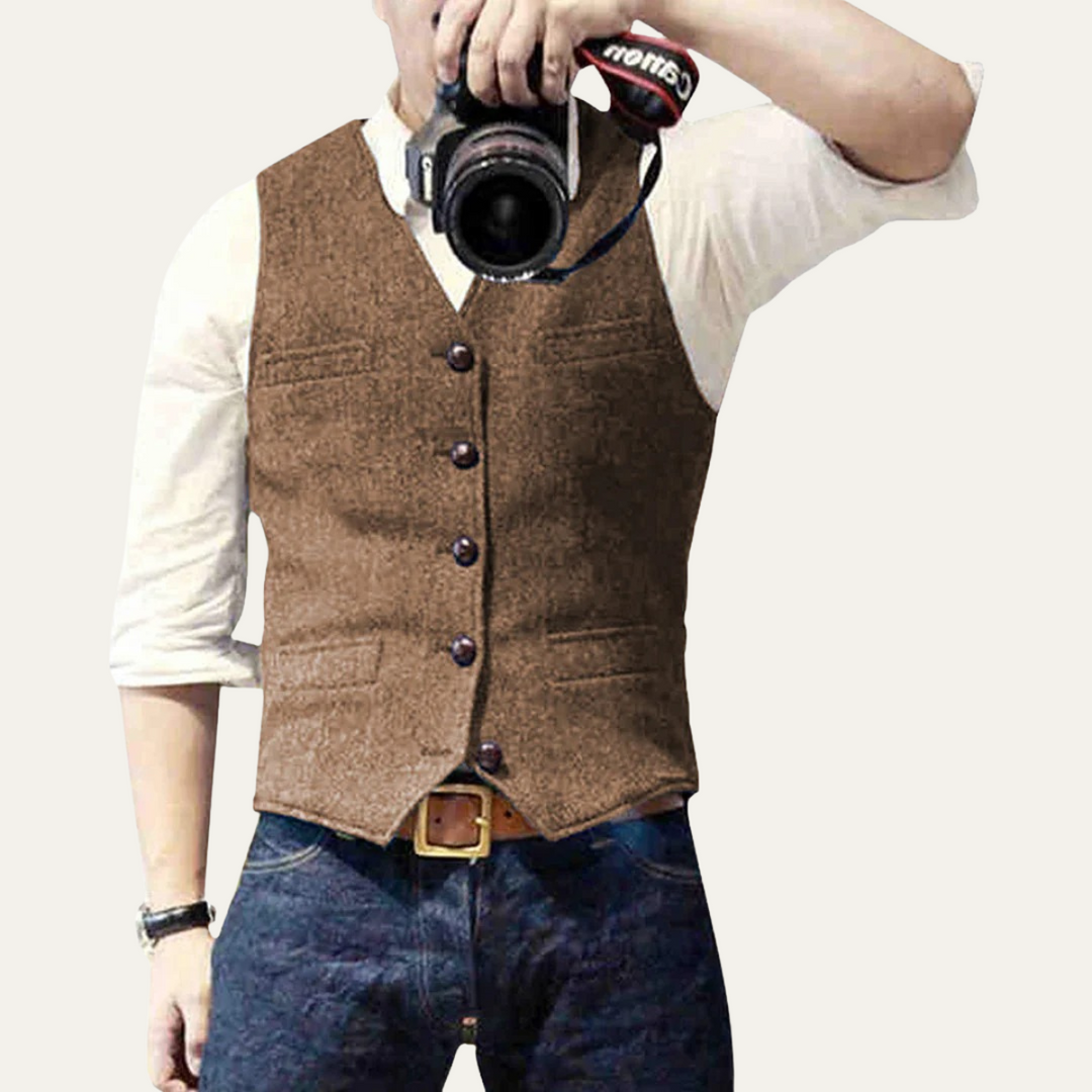 A timeless men's classic waistcoat, a formal button-up vest for elegant layering.
