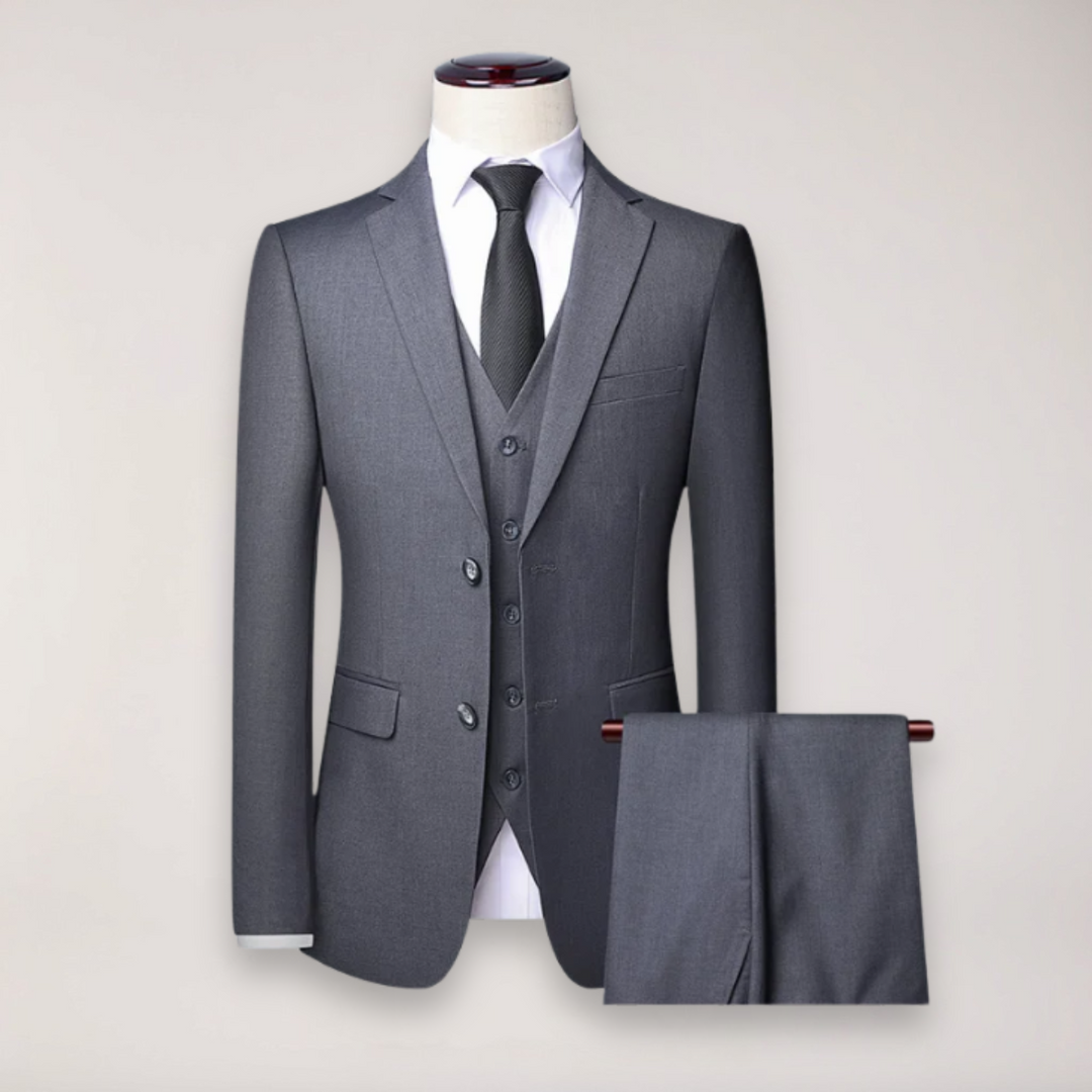 Stylish men's classic three-piece suit. Versatile formal wear for any wedding or business event.
