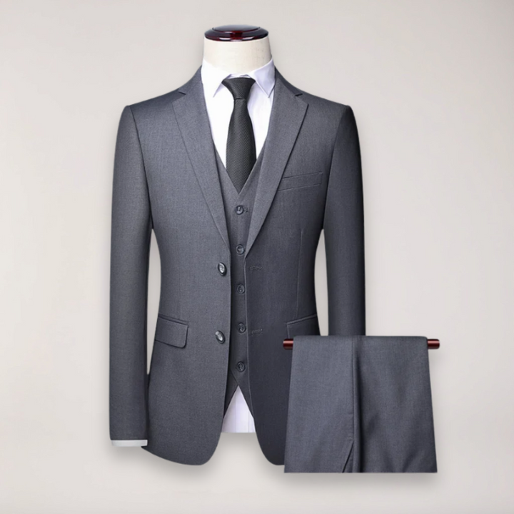 Stylish men's classic three-piece suit. Versatile formal wear for any wedding or business event.