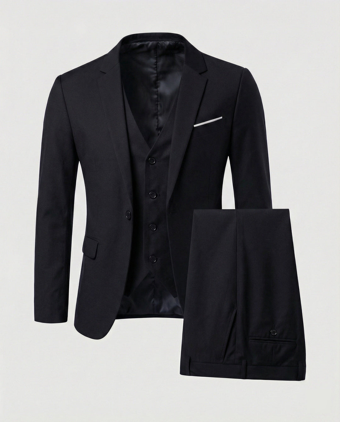 Men's wedding suit, a timeless three-piece ensemble for groomsmen and special event attendees.