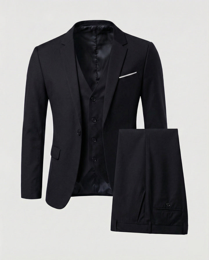 Men's wedding suit, a timeless three-piece ensemble for groomsmen and special event attendees.