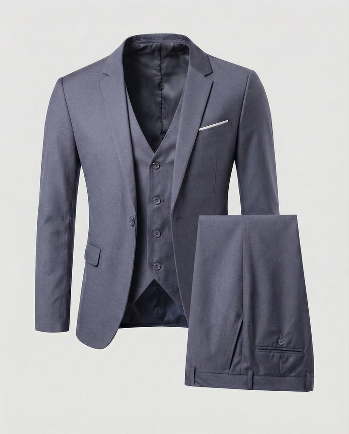 Close-up of a men's classic suit jacket lapel, showcasing quality fabric and professional tailoring.