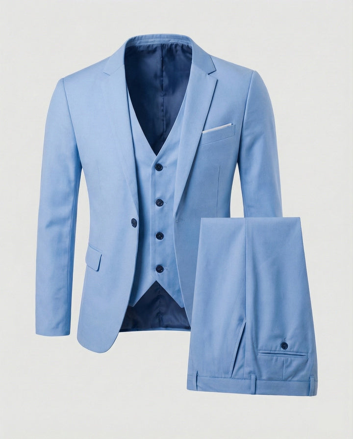 Full view of a man wearing a sharp three-piece suit, exuding executive presence for business or formal galas.