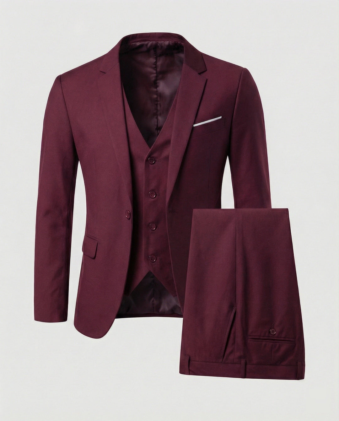 Versatile men's dress suit. This all-seasons three-piece attire is perfect for business, weddings & formal gatherings.