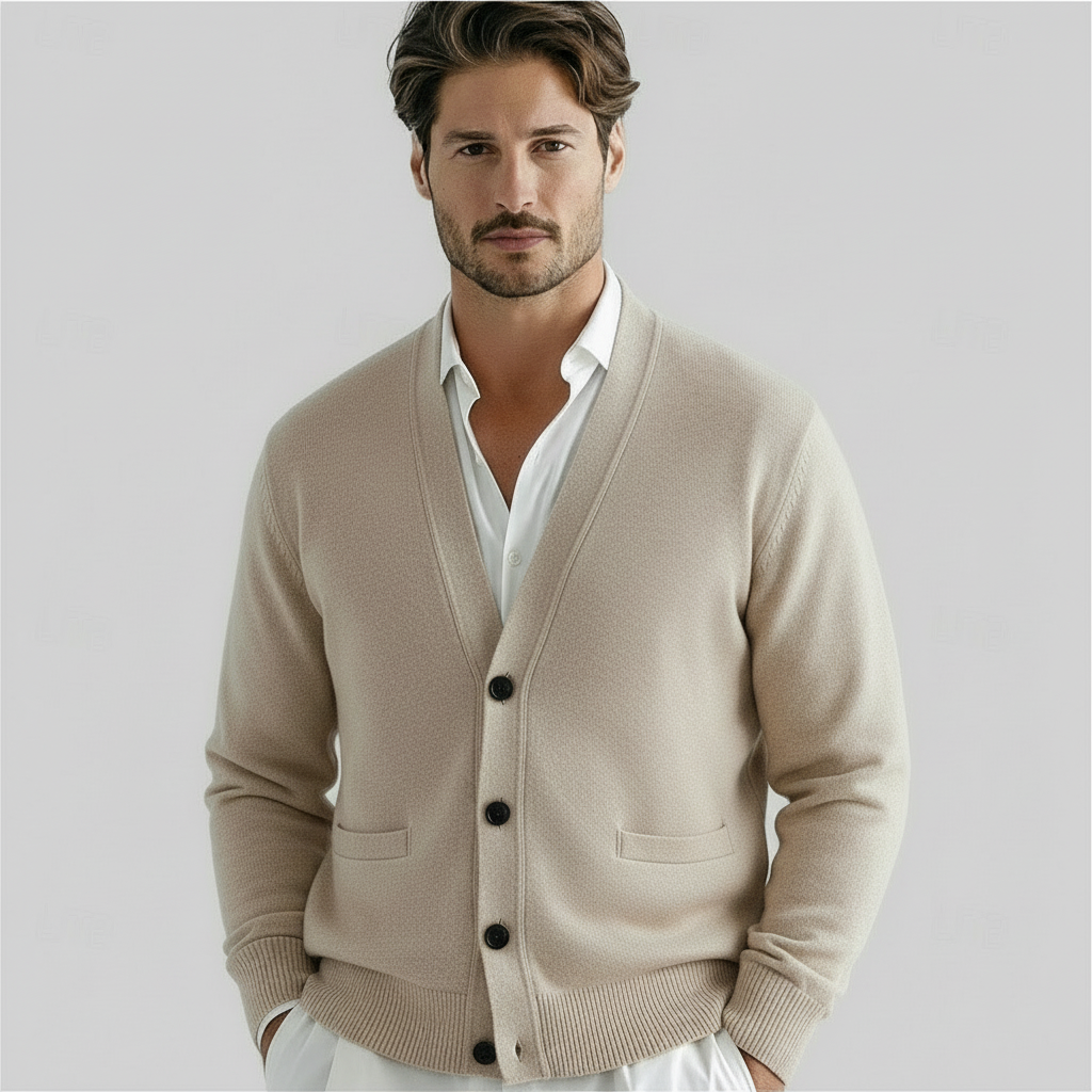 Classic men's v-neck cardigan, knit for year-round comfort. Versatile smart casual layering piece with relaxed fit.