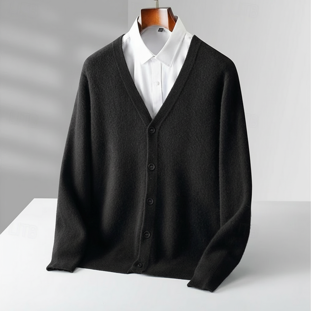 Stylish men's button-up v-neck cardigan. Perfect casual knitwear for versatile, all-season layering and relaxed style.