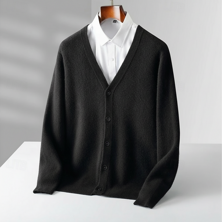 Stylish men's button-up v-neck cardigan. Perfect casual knitwear for versatile, all-season layering and relaxed style.