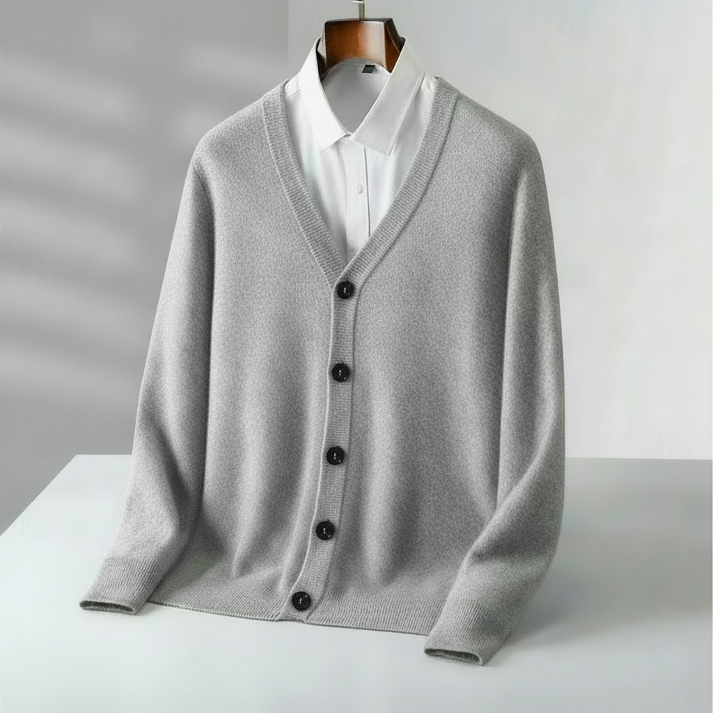 Men's classic v-neck knit cardigan. Ideal for smart casual layering, featuring a comfortable relaxed fit and year-round style.