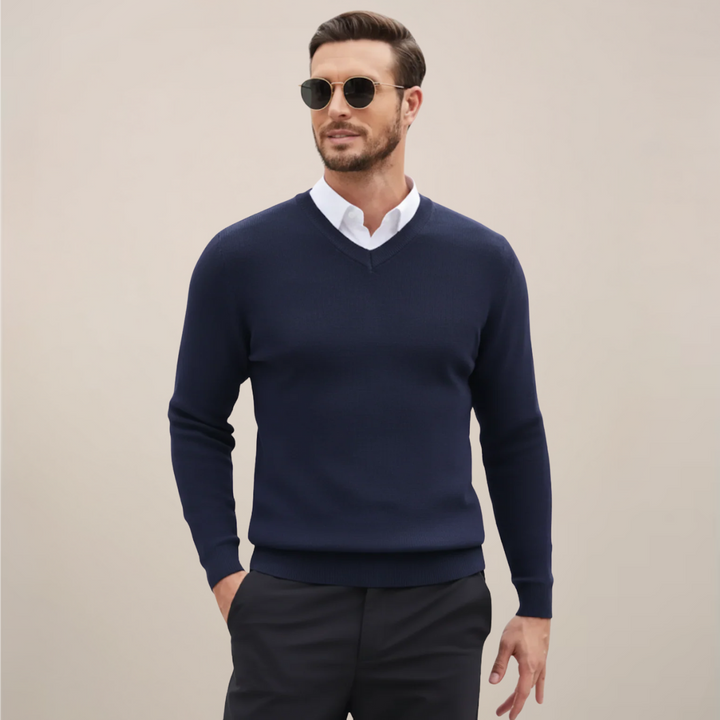 Classic men's V-neck pullover sweater. Ideal for fall & winter layering, office, or casual wear.