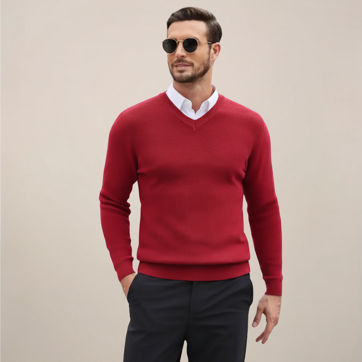 Close-up of a men's classic V-neck pullover sweater, highlighting texture for fall & winter comfort.