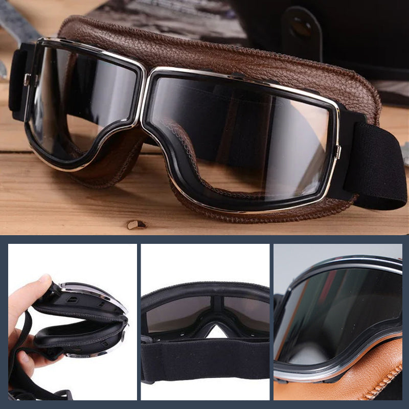Comfortable fit vintage motorcycle goggles, essential adventure gear.