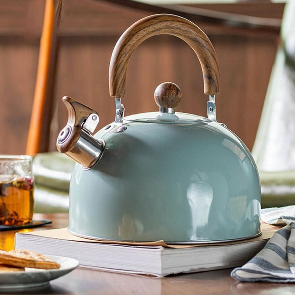 Classic stainless steel 3-quart whistling tea kettle for rapid boil on stovetop, ideal kitchen essential.