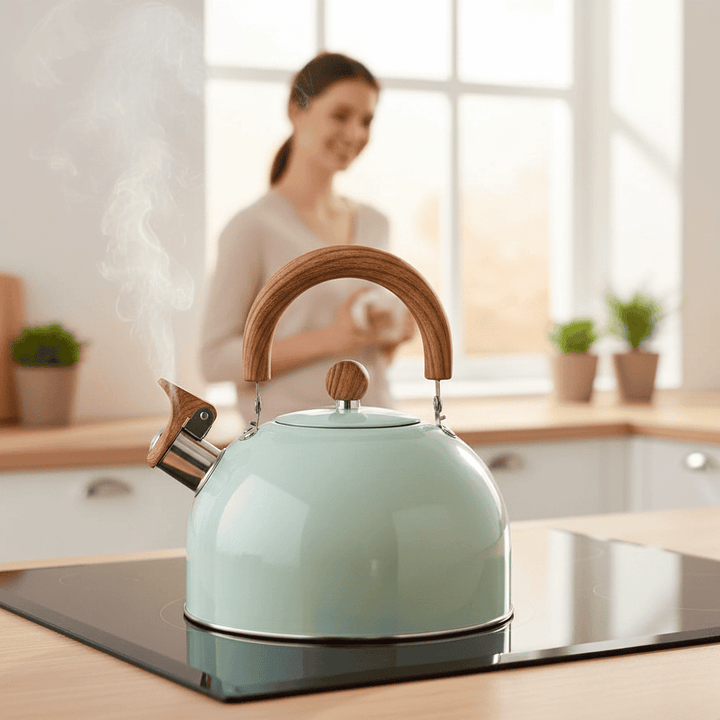 Elegant classic design 3-quart whistling kettle, perfect for boiling water for tea & beverages.