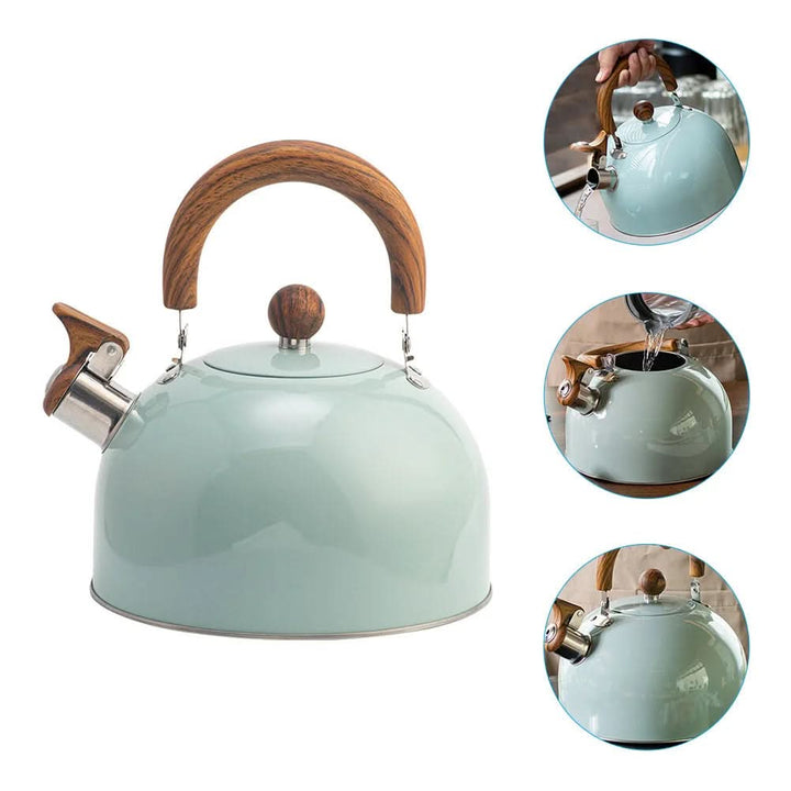 Loud whistling tea kettle, 3-quart capacity, classic design for rapid hot water preparation.