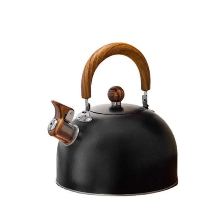 Polished stainless steel 3-quart whistling tea kettle, quickly boils water for all your hot beverages.