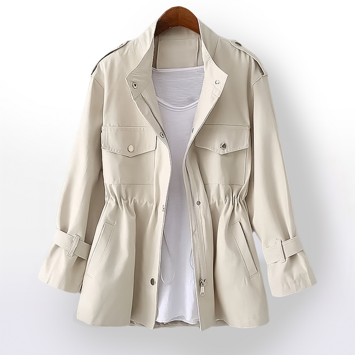 Classic women's belted trench coat with notch collar, ideal for structured workwear & elegant outerwear.